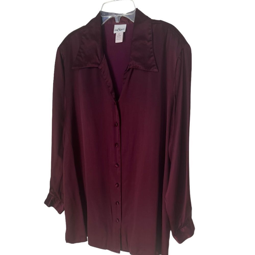Hillard & Hanson Burgundy Long Sleeve Button Down Fall Satin Blouse Size 20W